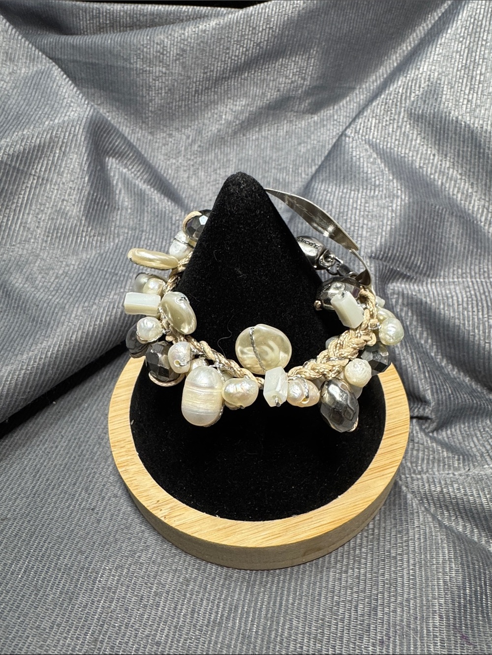 Chico's Braided Pearl and Hematite Charm Bracelet - Ivory and Gray. Modern